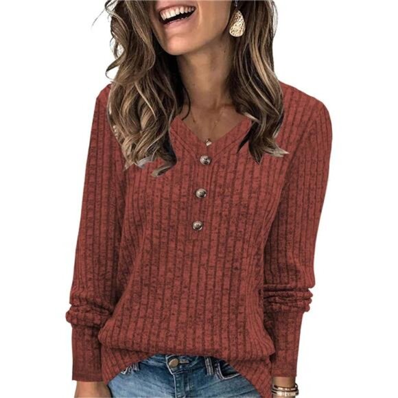 V-Neck Ribbed Knit Sweater Top – Casual & Dressy Tunic for Fall & Winter - Picture 1 of 6